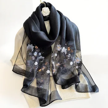 Hot Sell New Flower Embroidery Scarves for Women Soft Thin Gauze Shawls Blend Shawl Wrap Indian Shawl for Women