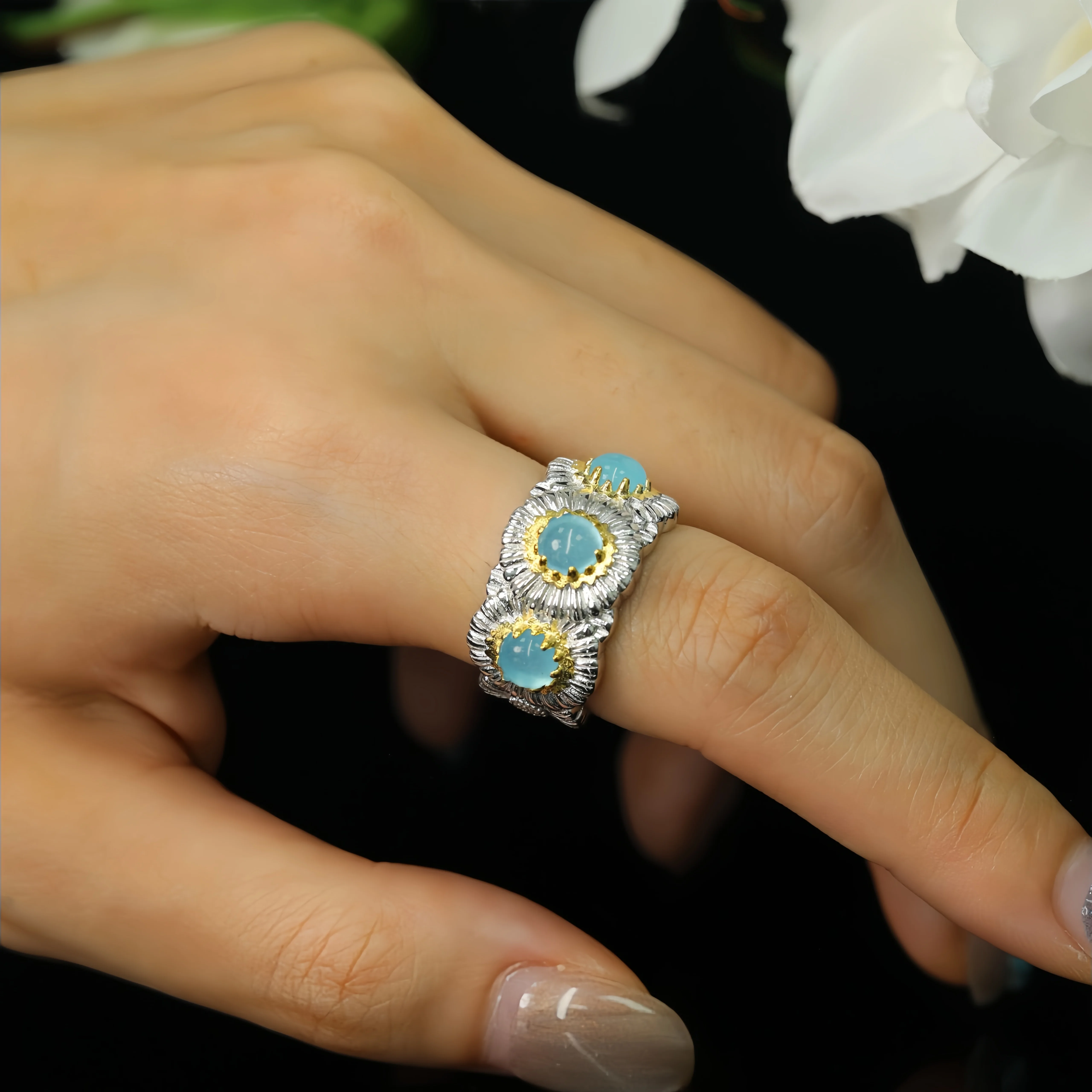 MUSHAN Jewelry Factory Women 925 Sterling Silver Daisy Ring with Blue Agate Opal Fine Jewelry Flower Rings for Anniversaries