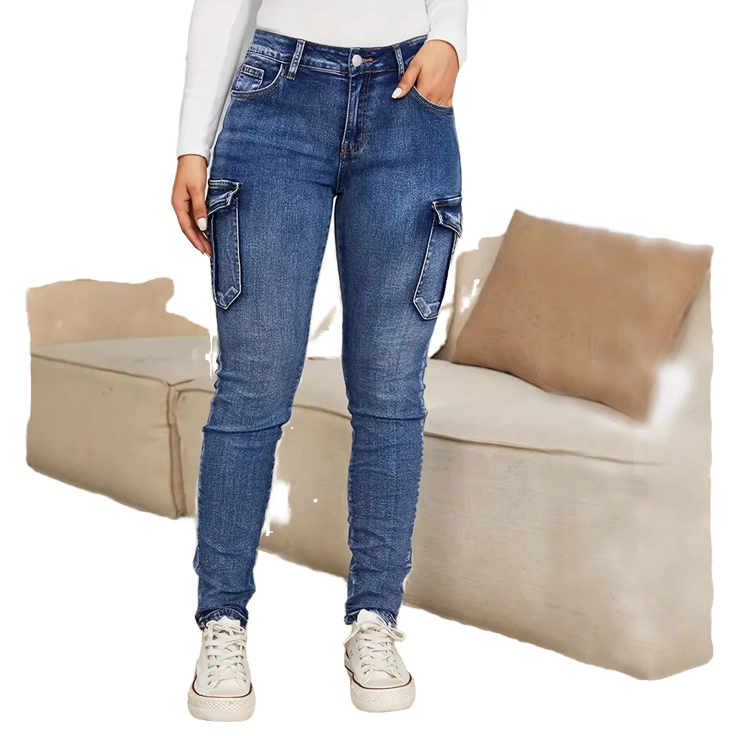 European American Style High-Elastic Mid Waist Denim Jeans Breathable Spandex/Cotton Trendy Slim Workwear Side Pockets Skinny