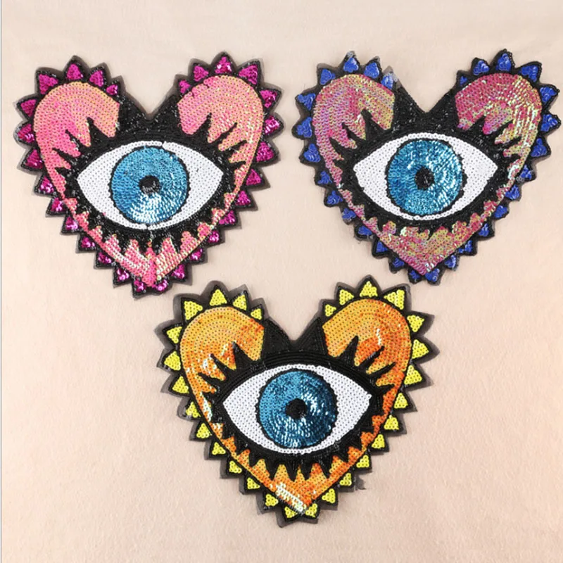 Customized Oversized Heart Sequins Embroidery Patch Clothing Jeans Hat Shoes Baby Clothing Accessories Eyes Garment Patch