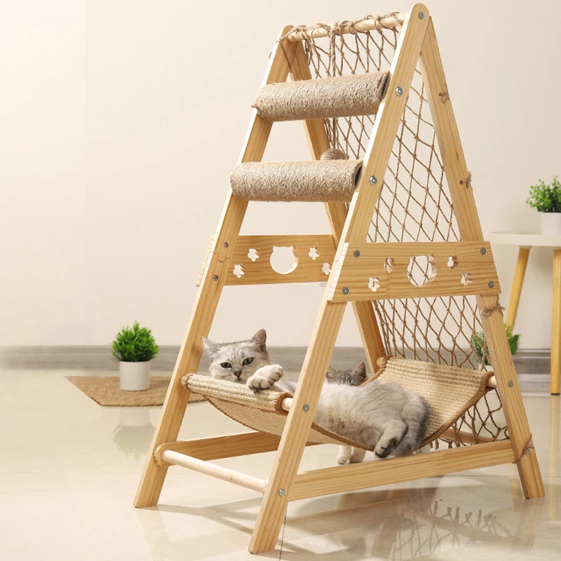 Wooden Cat Tree Tower Foldable Ladder Design with Cat Hammock Sisal Scratch Post Toys Solid Wood Cat Climbing Frame