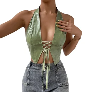 JENGS Sexy Hot Girl Low-cut Cardigan Solid Color Halter Neck Tie Pu Leather Vest Crop Top Mujer Corset Top for Women Women