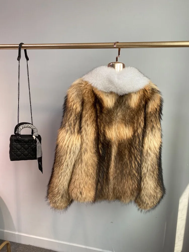Luxurious Eco-Friendly Thick Real Raccoon Fur Plus Size Women's Coats Warm Fluffy Breathable Winter Casual Coat Polyester Lining