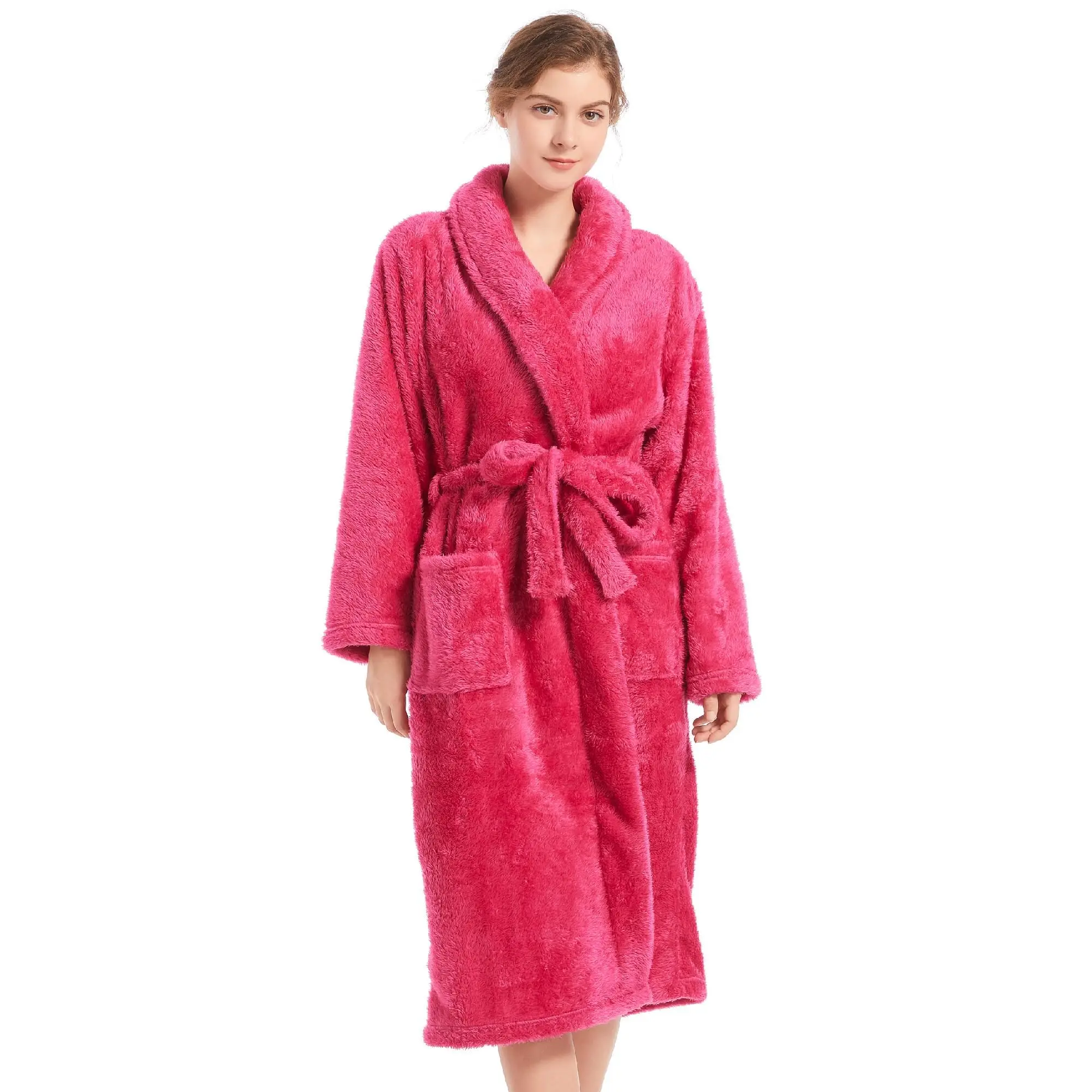 2024 Factory Wholesale Custom Cozy Warm Luxury  Flannel Fleece Bathrobe Robe With Pockets Full Length Bathrobe women details