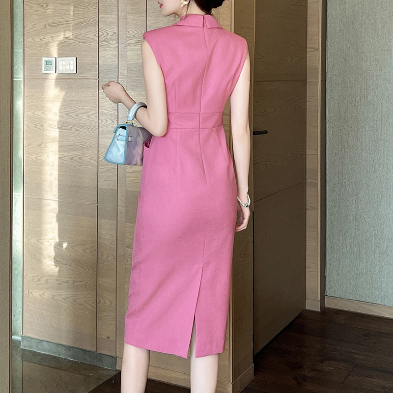 ZYHT 50886 Formal Work Business Plus Size Sleeveless Blazer Casual Dresses Pink Womens Office Lady Woman Dresses for Fat Women