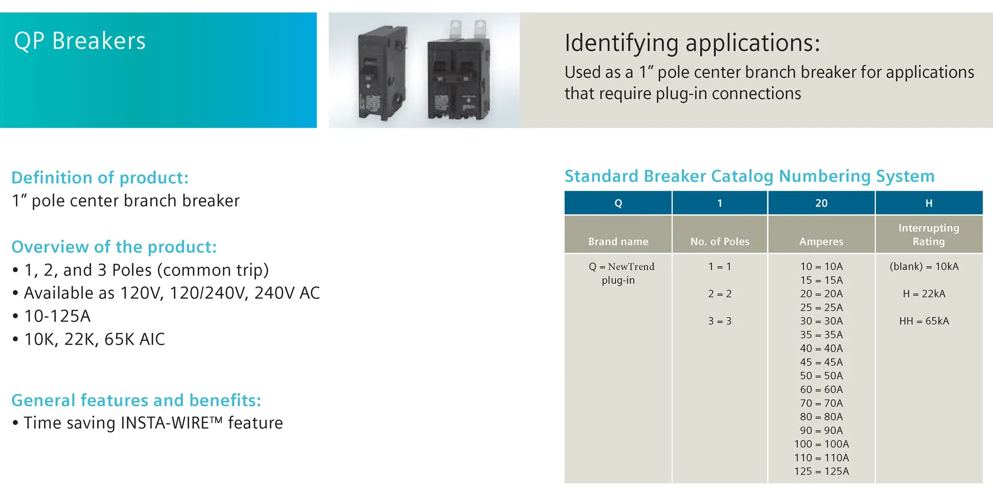 QP Plug in Breaker Q110 Q115 Q120 Q125 Q130 Q135 Q140 Q145 Q150 Q160 Q170 1P 10A 15A 20A 25A 30A 40A 50A 60A QP Circuit Breaker