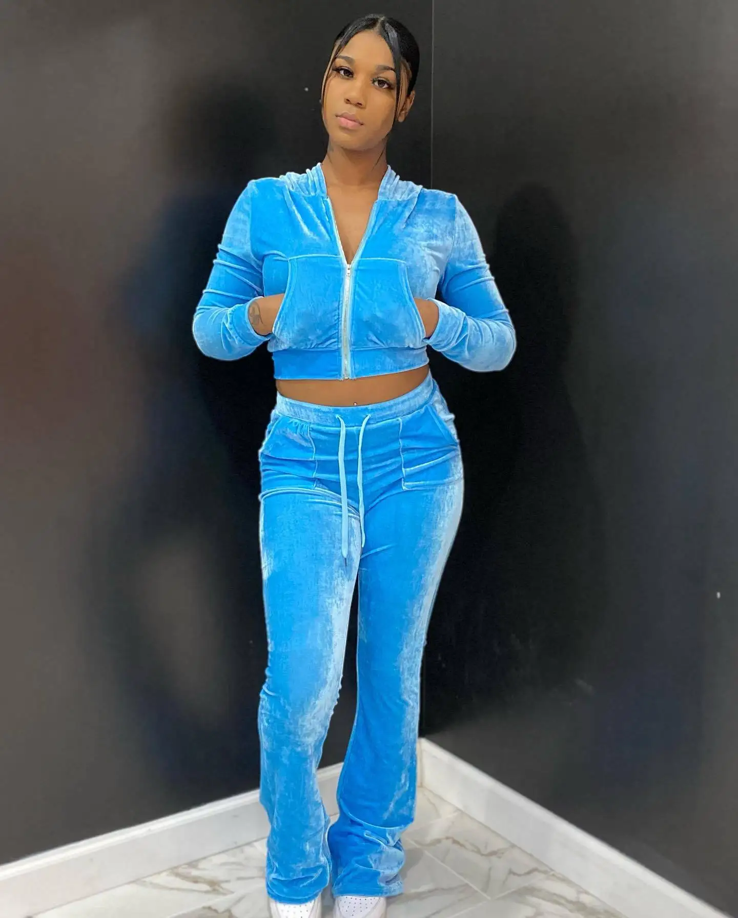 GX8527 Women Velvet Fall Clothing Hooded Sweatsuits Top