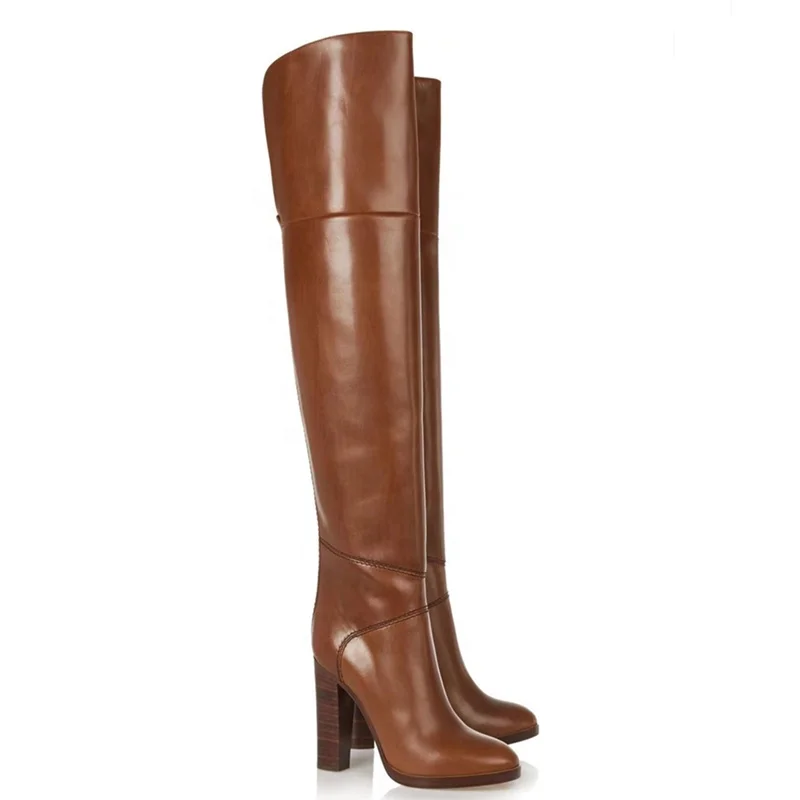 Roman Shoes Brown Leather Knight Boots for Men Women Chunky High Heel Round Toe Back Cut Comfortable Winter Boots Over the Knee
