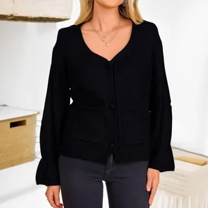 Knitwear Manufacturer Autumn Winter Black v Neck Long Sleeved Elegant Blouse Top Casual Wool Cashmere Cardigan Sweater Women