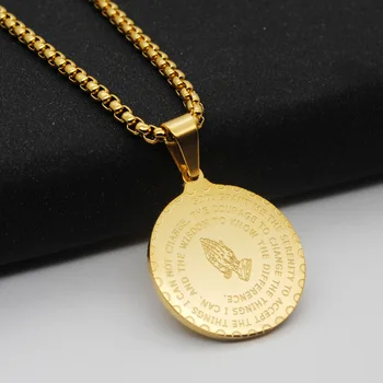 2022 18k Gold plated Stainless Steel Bible Verse Prayer Praying Hands Coin Medal Pendant Necklace For Christian Jewelry