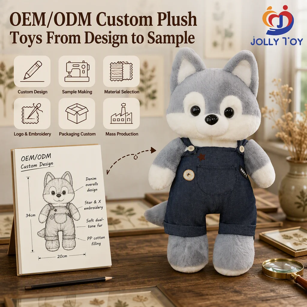 Brinquedo de pelúcia anime supermacio personalizável, lavável, em denim cinza e branco, cachorro husky com logotipo bordado, brinquedo de pelúcia para crianças