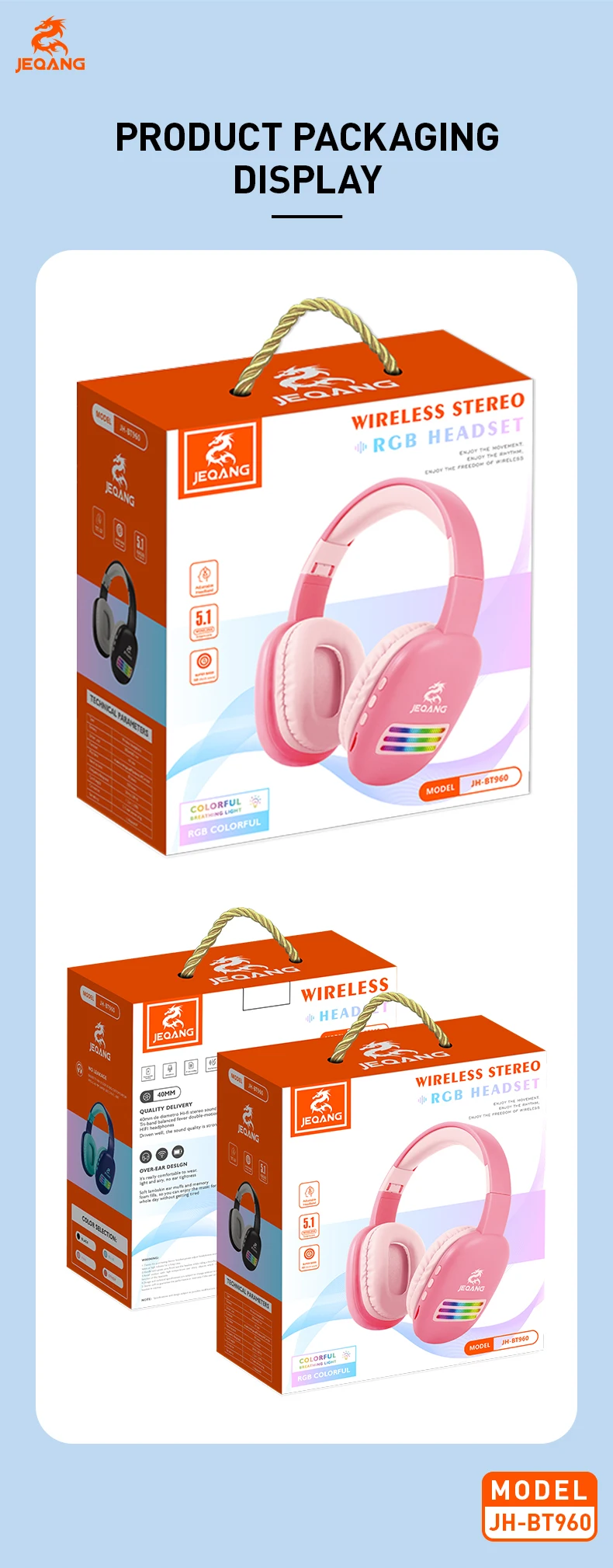 Jeqang-960 True Wireless Stereo BT Headset On-Ear & Over-Ear Dynamic Gaming Headphones with TF FM Support for DJ Sports Travel