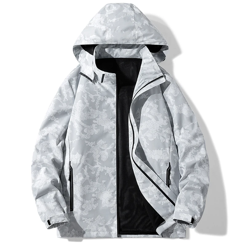 Men's camouflage windbreaker softshell jacket with detachable hood and zipper, suitable for autumn outdoor leisure use.