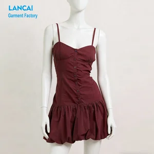 OEM/ODM Clothing Manufacturer Custom Puffball Dress Cotton Button Front Mini Balloon Bubble Slip Dress for Women