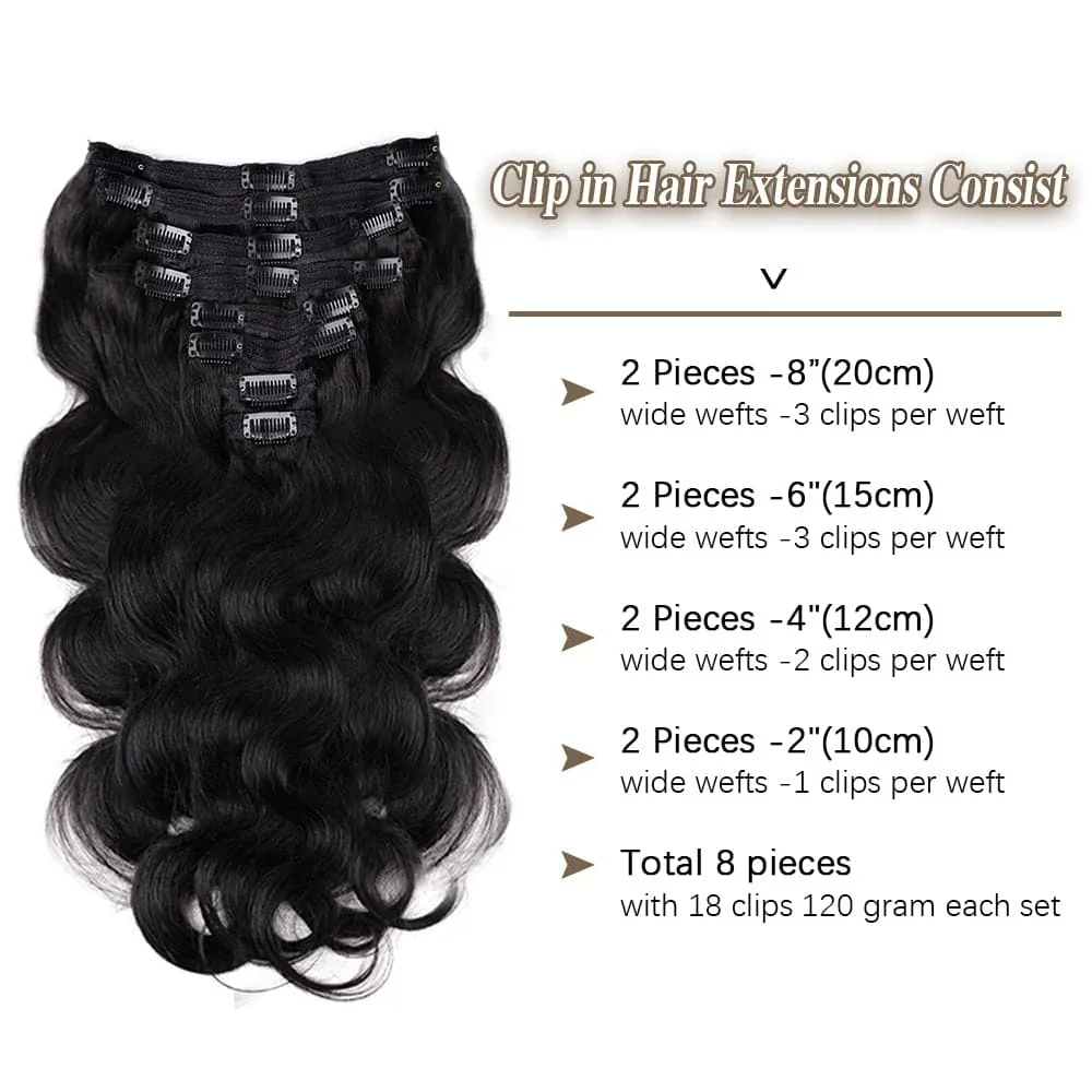 Brazilian Body Wave Clip-Ins Human Hair Extensions 8 Pcs Set Natural Color Remy 1B_voghion.com