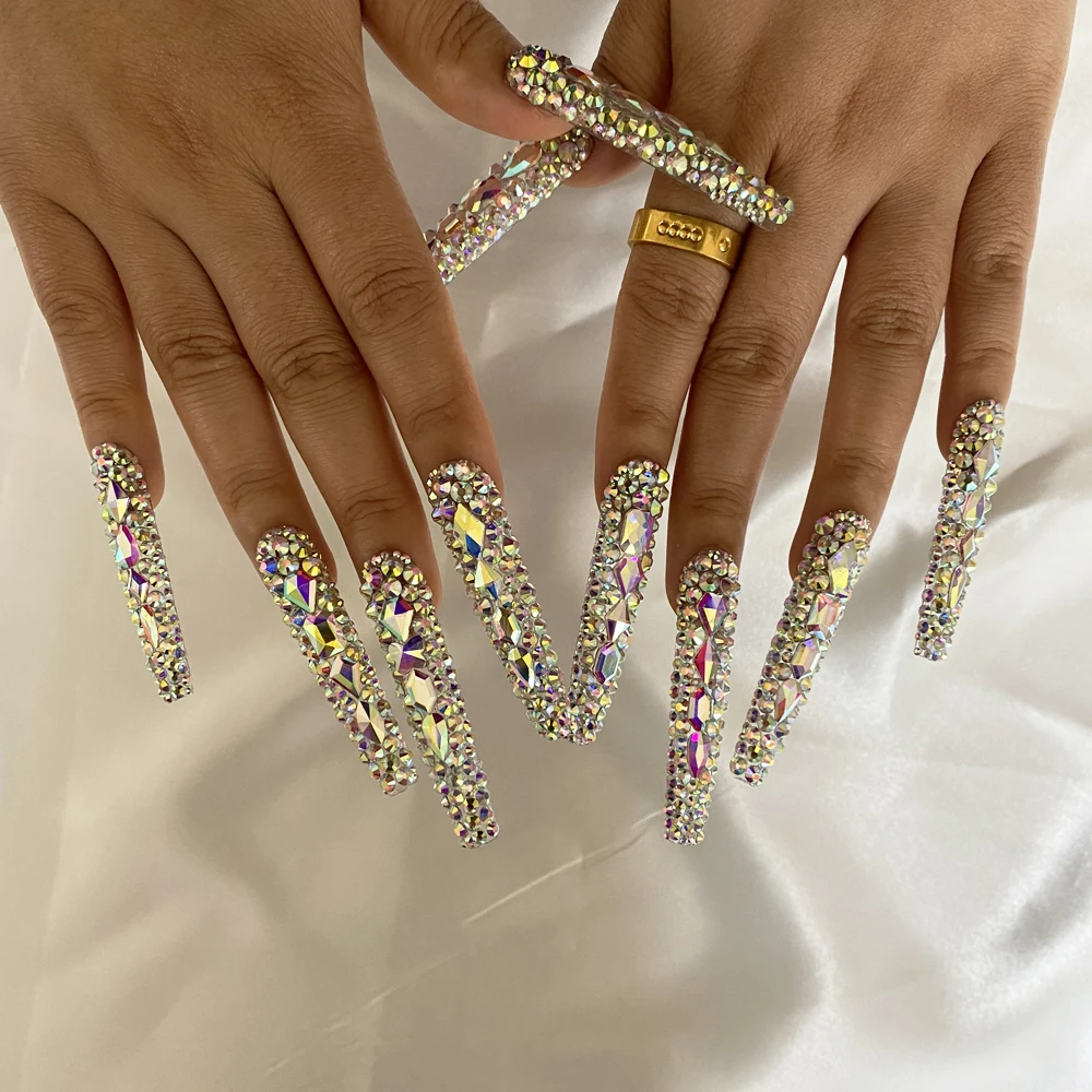Hand Crafted Thick Acrylic Nails with Sexy Rhinestones Luxurious Custom Designed Wholesale 100% Handmade Extra Long Nails