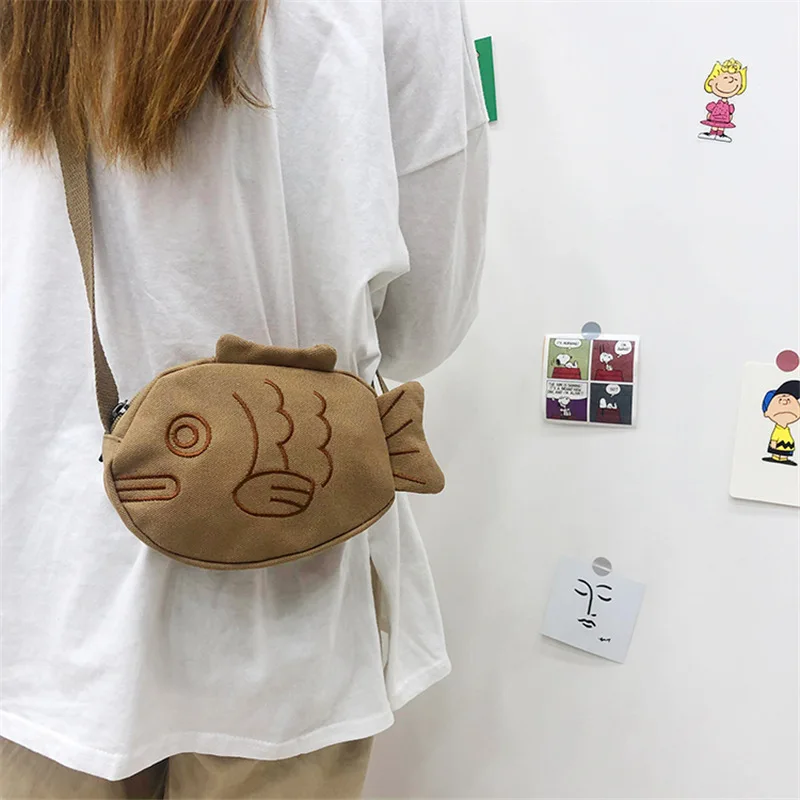 2024 Japanese Creative Soft Canvas Messenger Bag for Girls Cute Cartoon Embroidered Small Fish Stone Pattern Ugly Cute Handbag