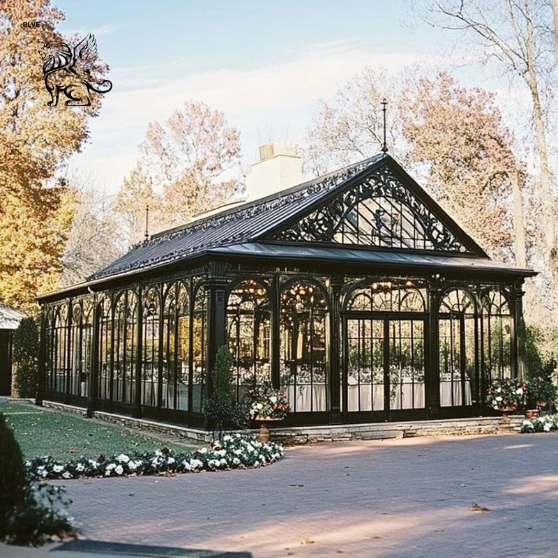 BLVE Large Custom Victorian Style Outdoor Garden Sun Room Wrought Iron Gazebo Glass Green House for Yard