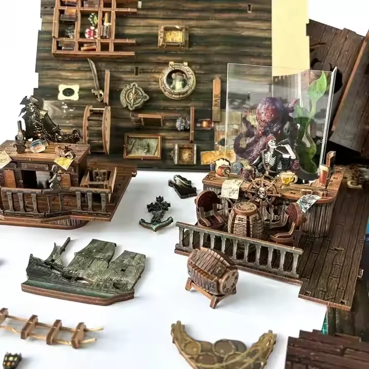 Hamaileon DIY 3D Puzzle Model Building Wooden Bookshelf Bookend Toy New World Pirate Ship Miniature Doll House