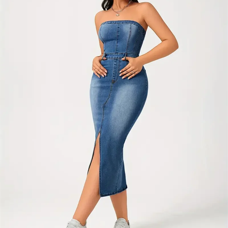 Sleeveless Mini Skirts Dress Stretchy Washed Pure Blue Split Zipper Hip  Wrap Women Denim Jeans Dresses| Alibaba.com
