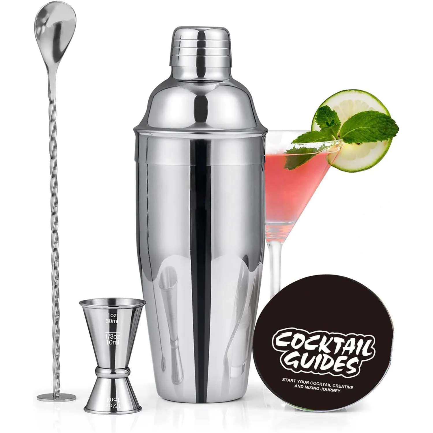 Factory Hot Silver Stainless Steel 750ML Reusable Shaker Measuring Cup Jigger Bar Spoon Martini Kit Cocktail Shaker 3-piece Set with Custom Logo