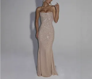 Women's Elegant Red Mermaid Sequin Evening Dress Sleeveless Floor Length Luxury Formal Prom Banquet Gown