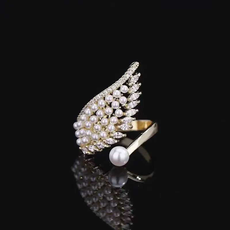 Elegant Pearl Angel Wing Ring Gold Plated Open Adjustable Wing Shape Rhinestone Ring for Women