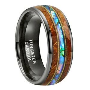 Coolstyle Jewelry 8mm Whisky Wood Guitar String Shell Inlay Gunmetal Tungsten Ring for Men Women Fashion Engagement Wedding Band