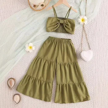 2024 Summer new girls' casual beach vacation suit bow suspenders vest wide-leg bell-bottoms suit