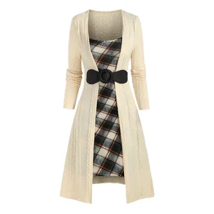 Customize Women's Spring Autumn Elegant Color Blocking Plaid Square Collar Bow Patchwork Asymmetrical Hem Midi Long Sleeve Dress
