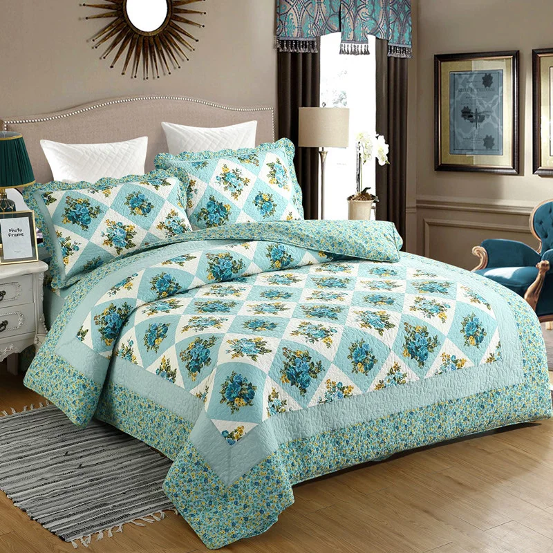 Box Yorkshire Bedding Floral 3 Pieces Quilted Vintage Double Bed Patchwork Bedspread Includes 1 Bed Throws 2 Pillowcases in 6 Different colors and 4 sizes 