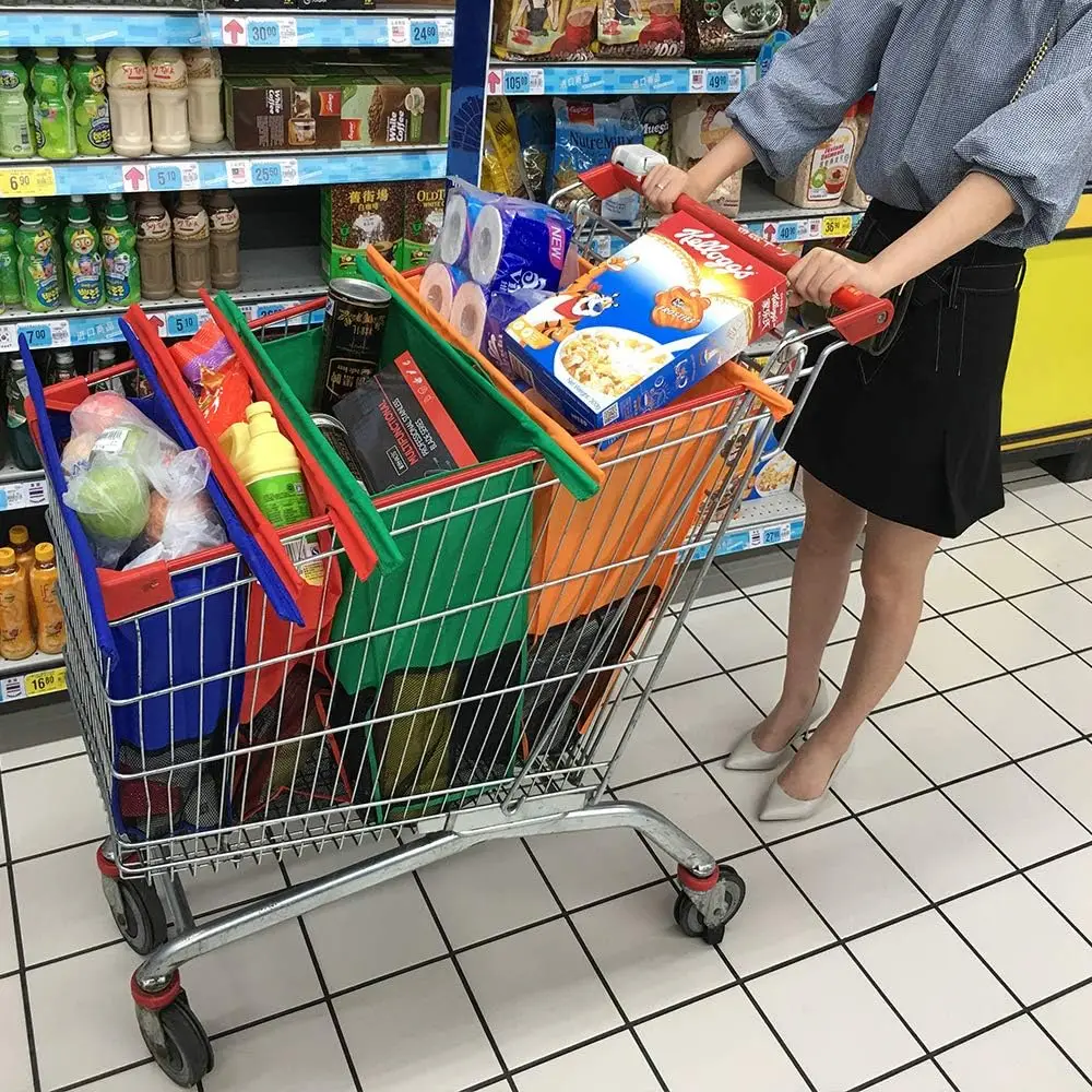 Set of 4 Reusable Shopping Bags Grocery Bags with Insulated Cooler Washable Grocery Cart Bags