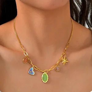 Bohemian Jewelry Stainless Steel Heart Oval Charm Necklaces Color Retaining Clavicle Necklace for Women