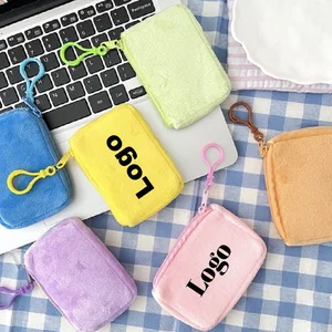 Custom Logo Candy-color Cute Zipper Plush Coin Purse Solid Color Mini School Headphone Storage Bag Keychain Jewelry ID Card Case