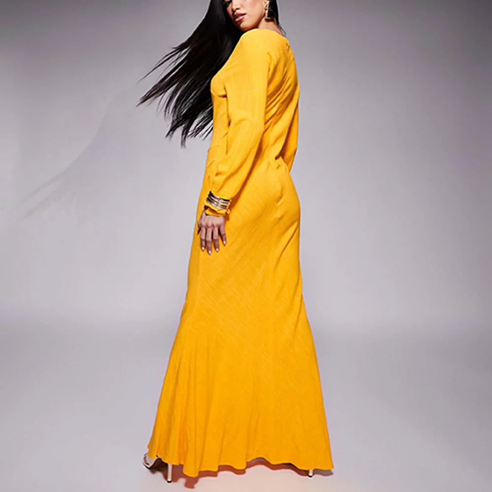 Wholesale Ladies Casual Elegant Cotton Dress Long Sleeve High Neck Zipper  Dresses Plain Slim Fit Flare Maxi Dress
