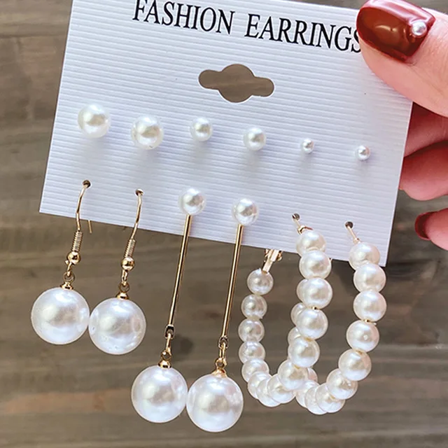 Trendy Gold Metal Earrings Set Fashion Geometric Pearl