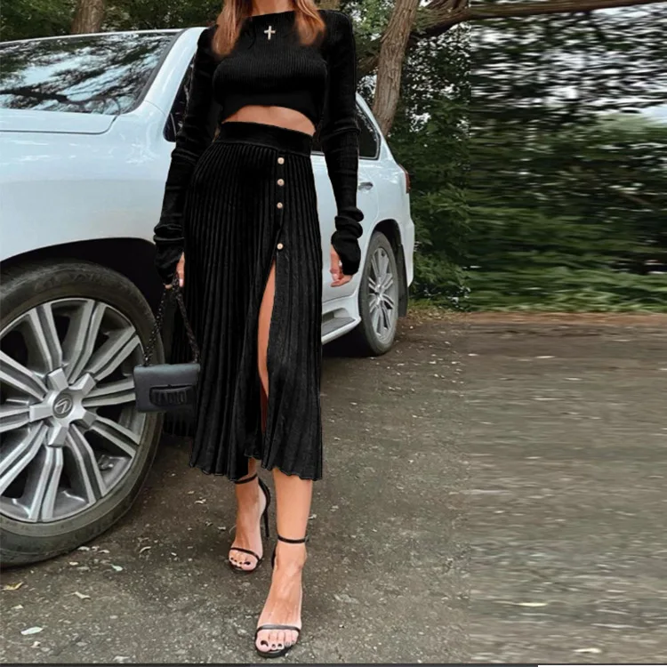 Женский трикотажный комплект из двух предметов, повседневное однотонное платье на пуговицах с длинным рукавом, 2020