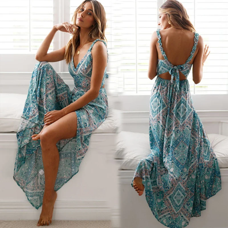 Deat — robe longue en mousseline de soie, robe d'été Sexy, imprimé  bretelles Spaghetti, pour femmes, décontractée plage, style bohème|  Alibaba.com