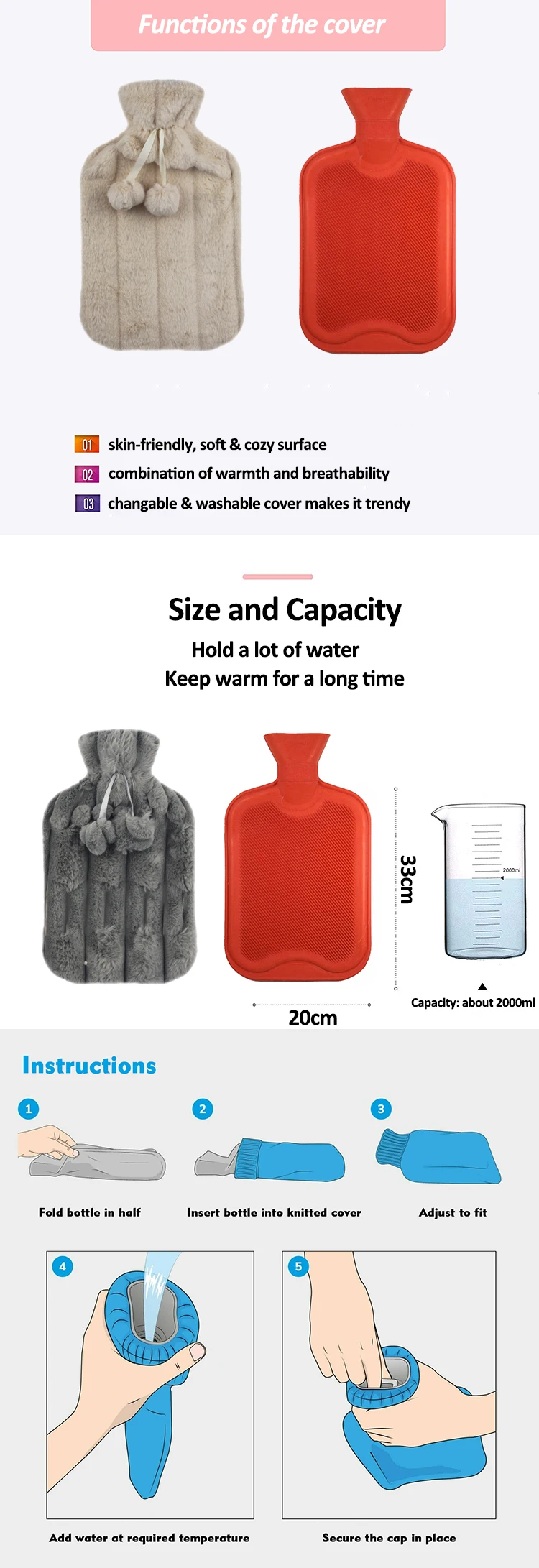 customized reusable faux fur hot water bottles rubber warmer hot water bag 2000ml with plush cover