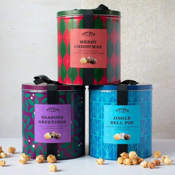 Wholesale custom printing christmas food grade large empty metal round popcorn tins bucket factory