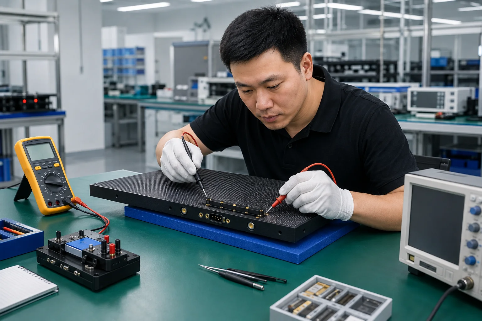 Quality inspection of magnetic LED dance floor tiles at BiaoMing production facility