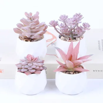 Ceramic Fake Greenery Artificial Succulent Plants Mini Pink Bonsai, Home Office Decoration Small Potted Plants