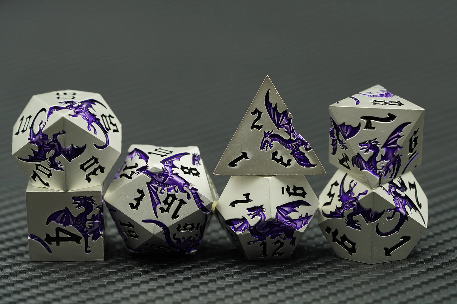 D&d 7-Piece White and Purple Dragon RPG Gaming Dice Set Polyhedral Shape for Tabletop Games details