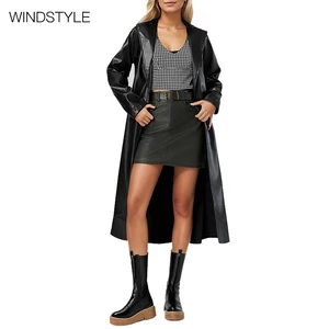 Women's Anti-Wrinkle Windbreaker Fashionable Double-Breasted Leather Coat Polyester Lining Custom Parka Trench Coat Plus Size
