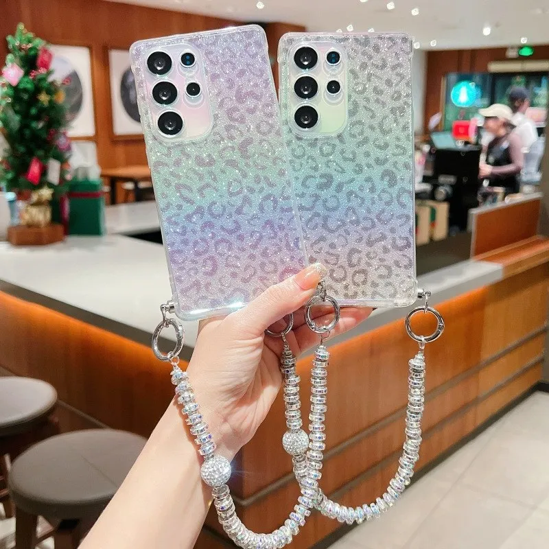 Gril's Leopard Pattern Gradient Glitter TPU Lanyard Case for Samsung Galaxy A16 A26 A36 A55 A35 A54 A52 A34 A33 Cover