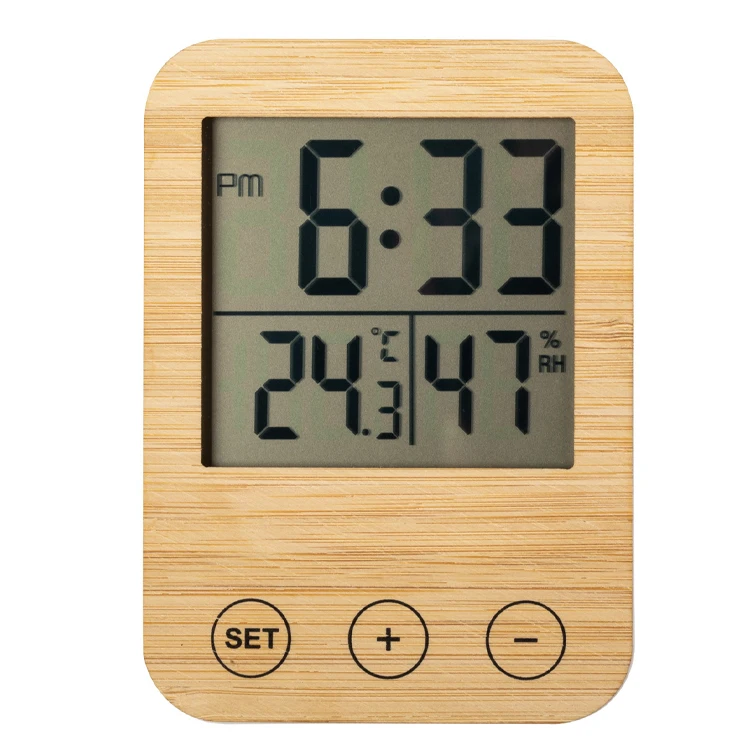 Indoor LCD Electronic Bamboo Temperature Humidity Meter Digital Thermometer Hygrometer Weather Station Alarm Clock