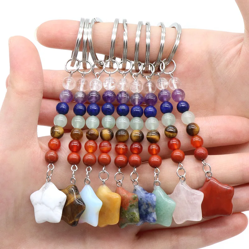 Crystal Star Keychain With 7 Chakra Natural Stone Bead Charm Gemstone Key Ring for Car Wallet Backpack Key Chain