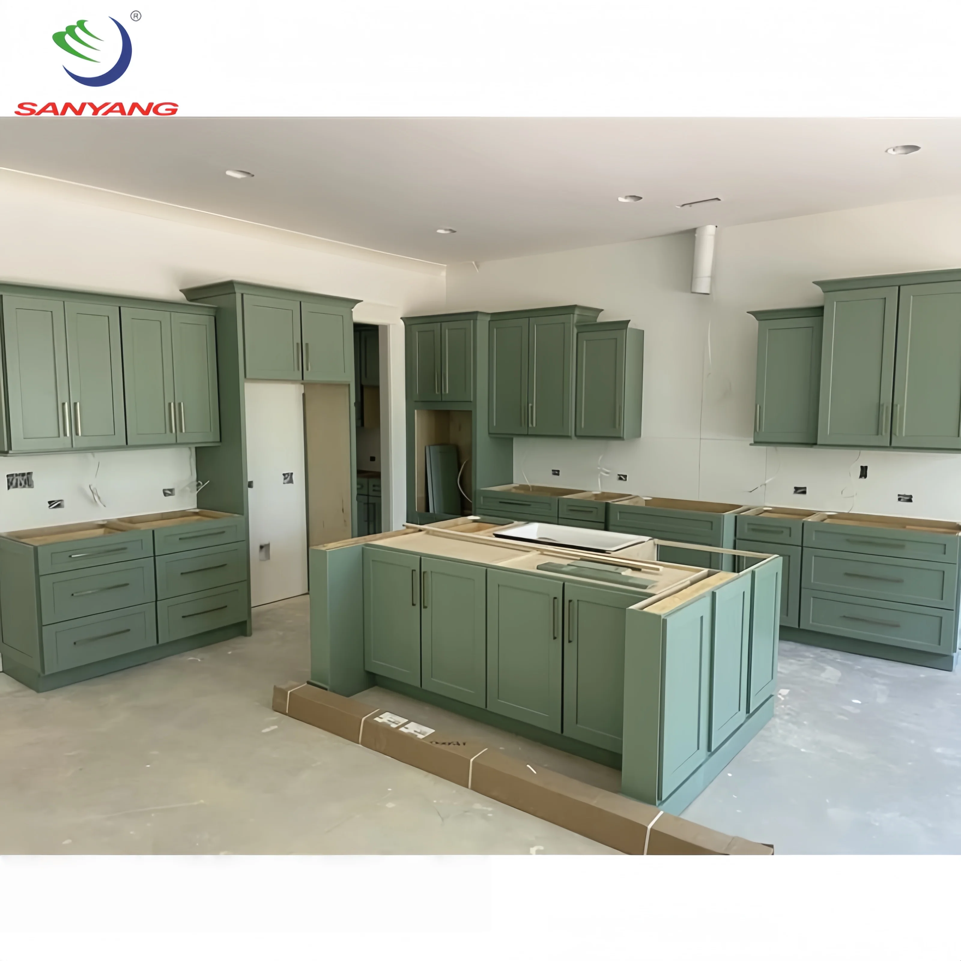 Modern Custom Color RTA Solid Wood Slim Shaker Green Kitchen Cabinets Ready to Assemble Kitchen Cabinet With Island