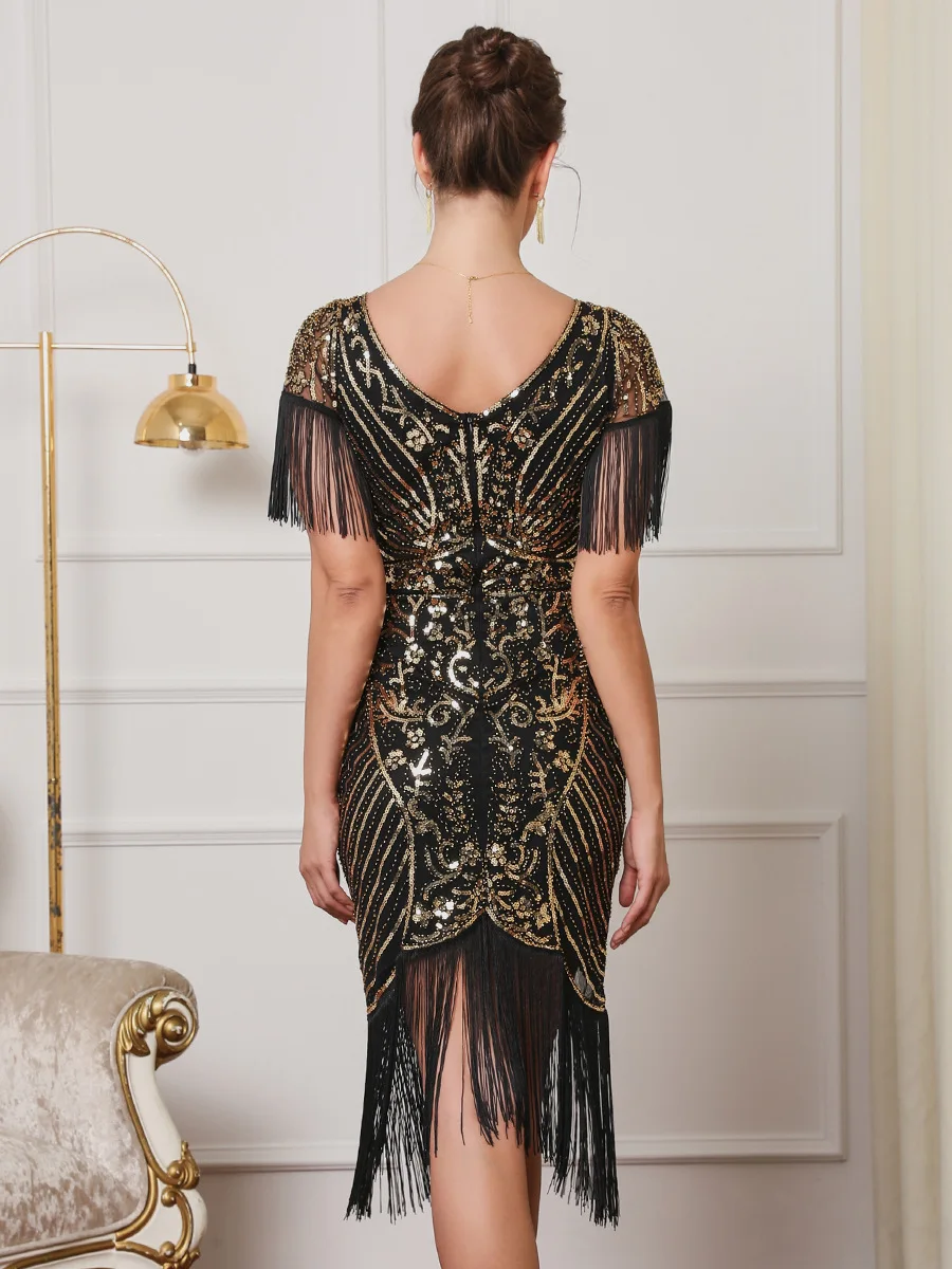 Pan Women vintage short sleeve Tassel Sequin Beaded party dance Dress Woman black gold performance Cocktail Ball stage Dress Pan Women vintage short sleeve Tassel Sequin Beaded party dance Dress Woman black gold performance Cocktail Ball stage Dress