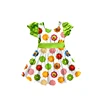 Color Umbrella Print Green Puff Sleeve Girls Dress